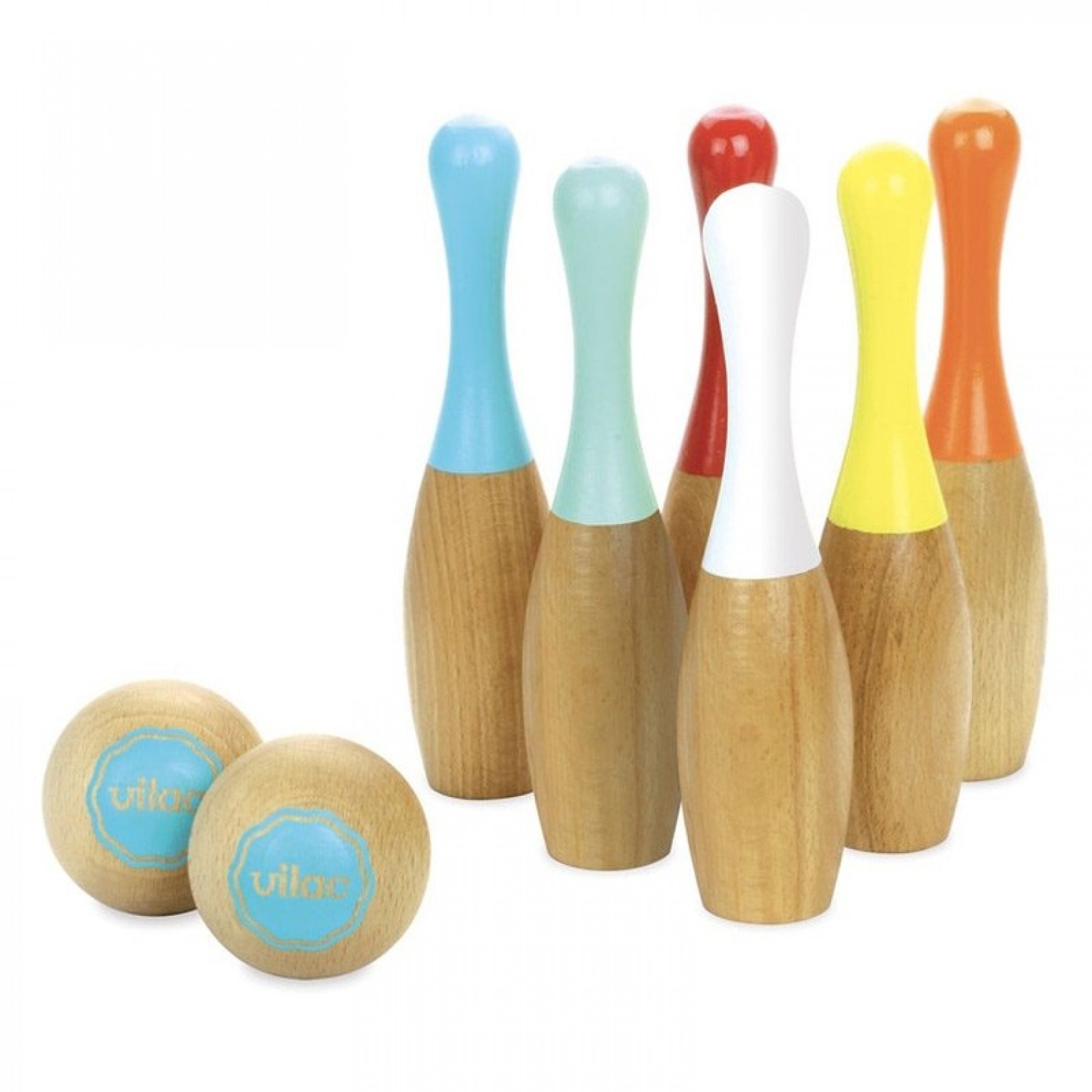 GICO Jeu De 9 Quilles En Bois Massif - 24 Cm De Haut, 4,5 Cm De Diamètre - 2 Boules De 70 Mm - Jeu De Jardin Familial - Qualité Supérieure - Fabriqué En Europe