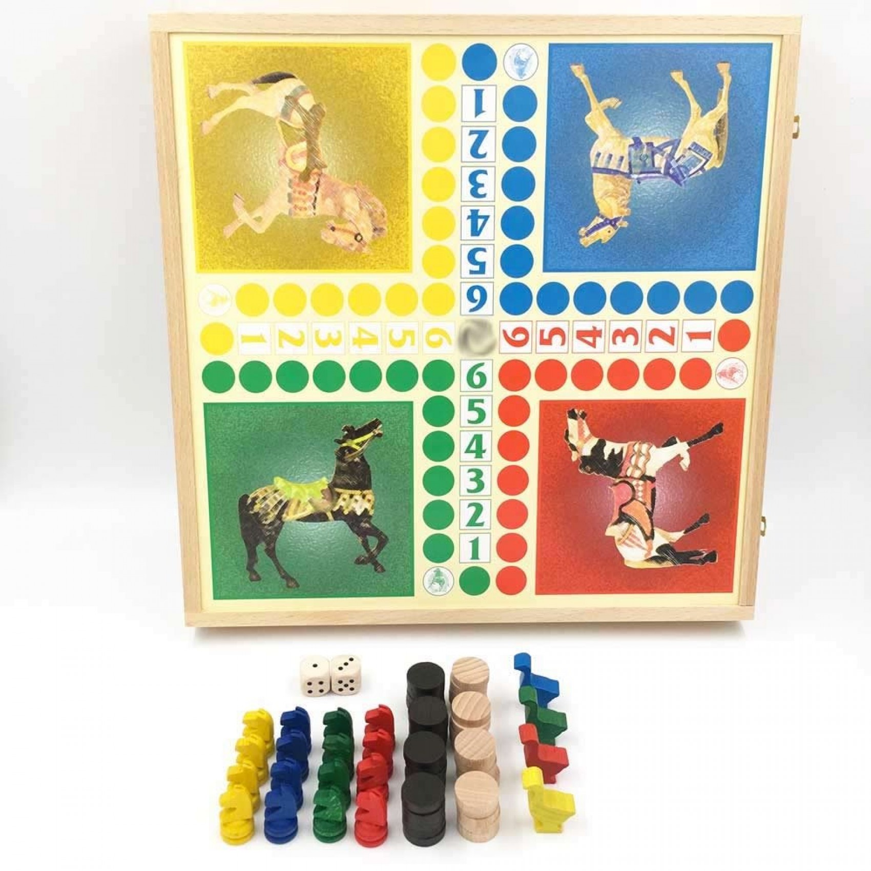 JEUJURA Coffret Sociétés Petits Chevaux, L’Oie, Dames, Marelle Et Plein D’Autres - 150 Règles, 4 Plateaux, Pions Bois - Fabriqué En France