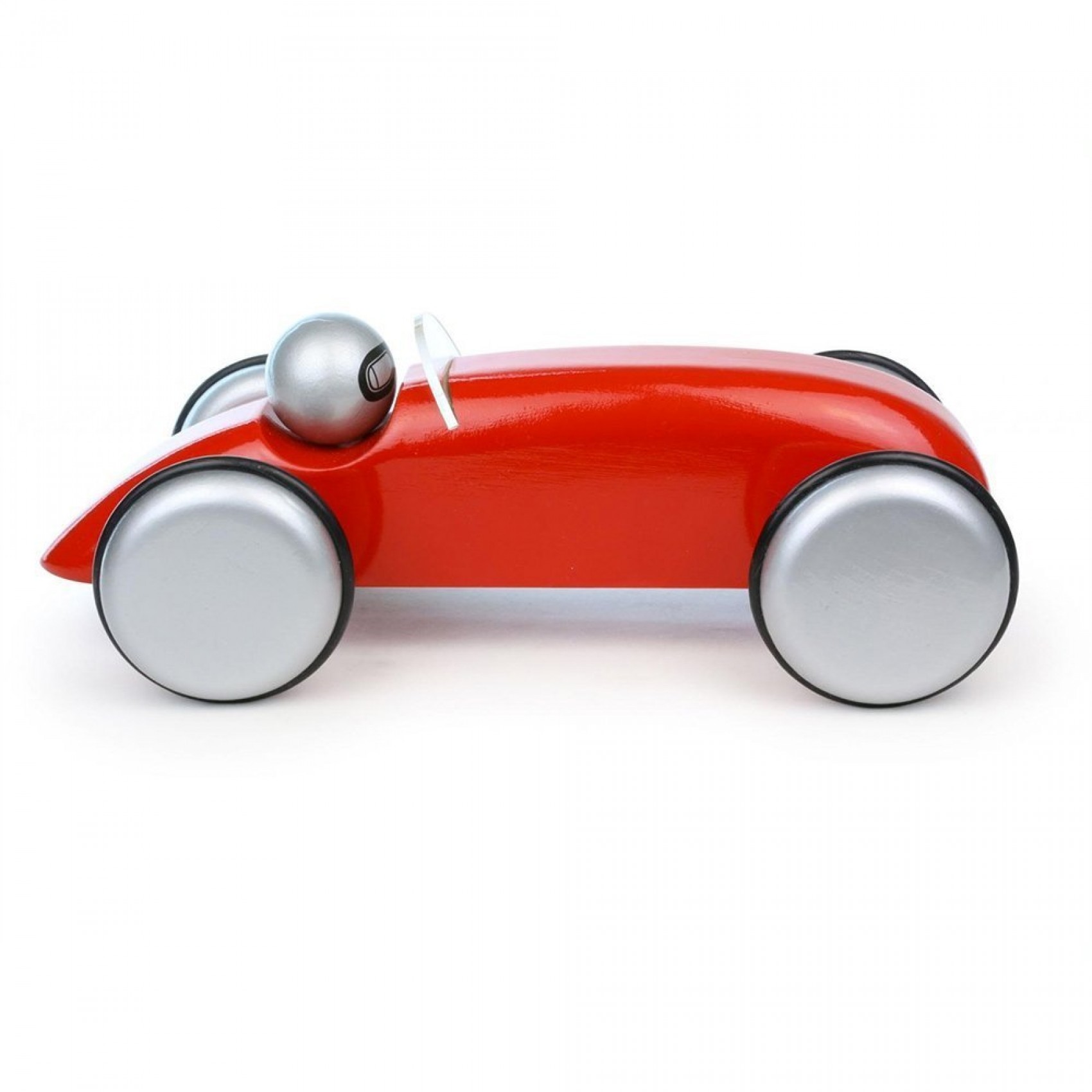 Coffret voiture rouge avec un personnage en bois