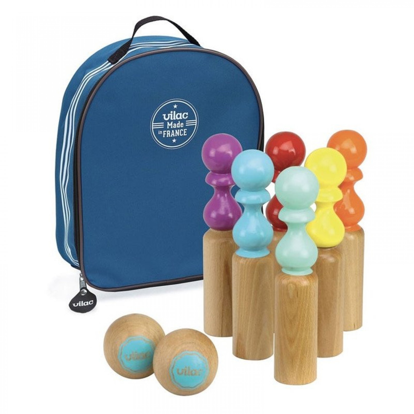 Jeu de 6 quilles en bois rubannées 29 cm Vilac - La Ruche des Passions